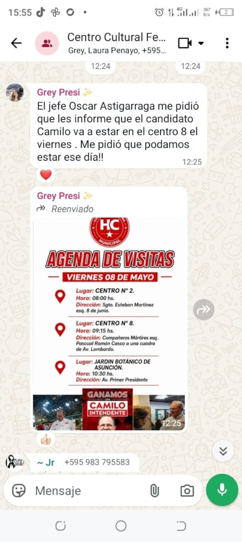 Mensaje en un supuesto chat de WhatsApp invitando a participar de actividad proselitista de Camilo Pérez