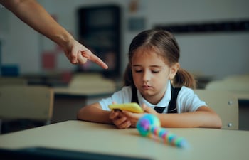 Una niña revisa un teléfono celular en el aula.