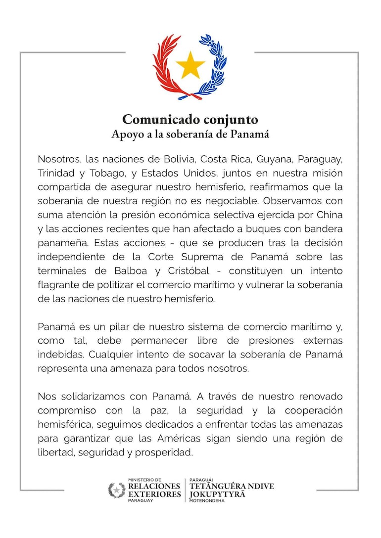 Comunicado firmado por naciones de la región, con escudo y texto formal sobre la soberanía panameña.