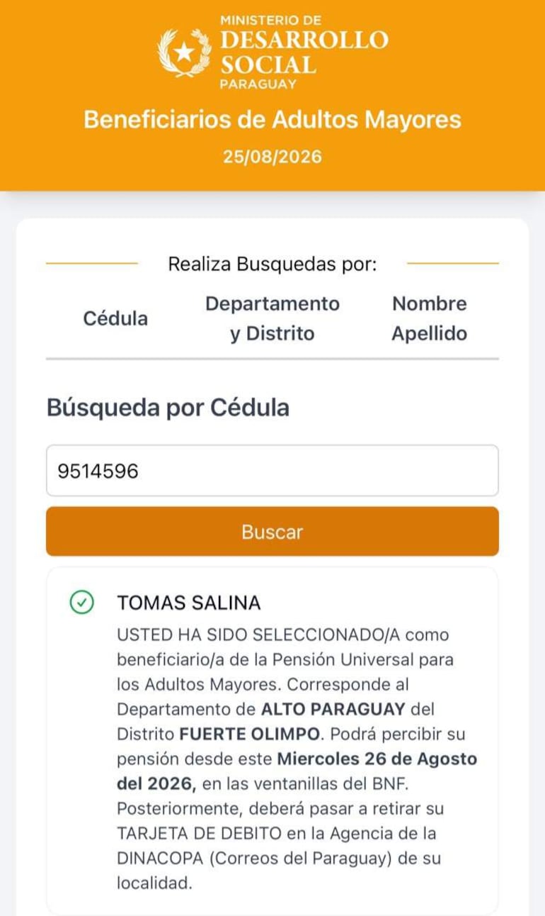 Documento oficial del Ministerio de Desarrollo Social con texto en blanco y naranja, sin personas presentes.