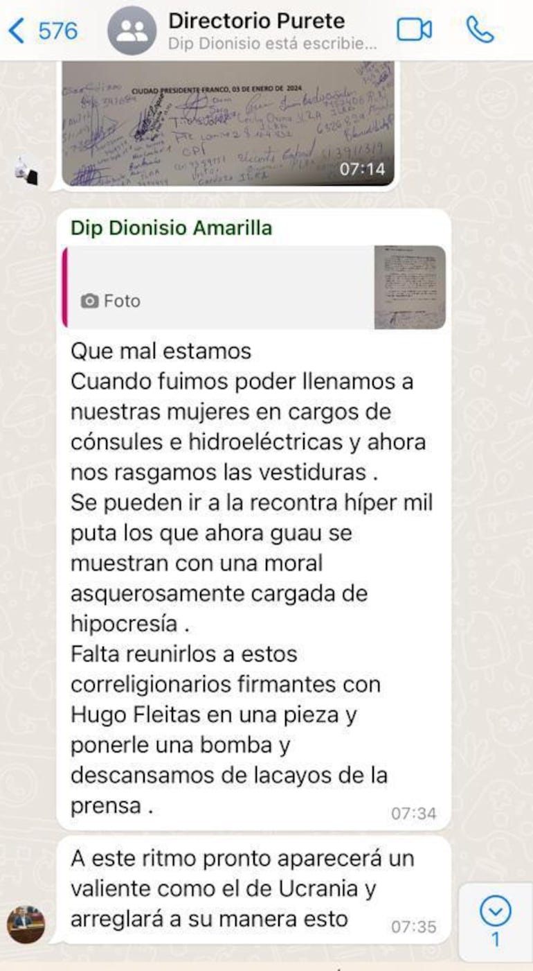 El mensaje de Dionisio Amarilla a sus correligionarios y al presidente del PLRA, Hugo Fleitas.