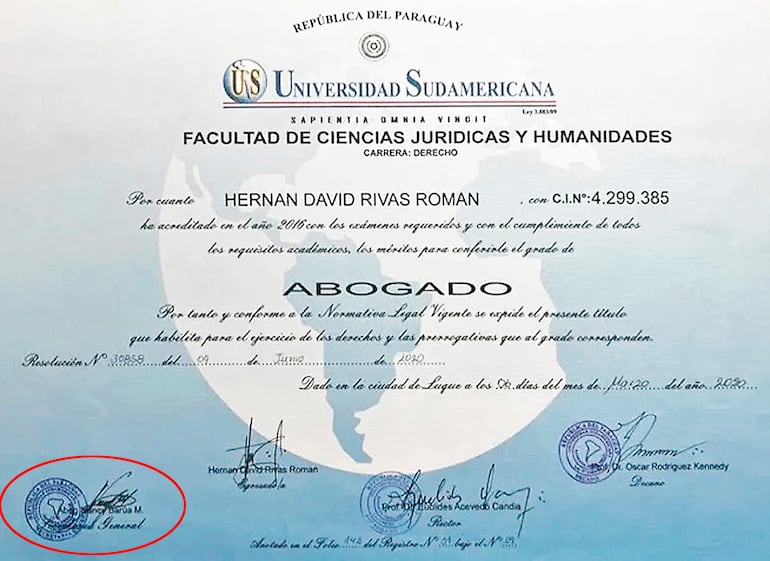 El supuesto título de abogado del senador cartista Hernán Rivas, entregado por la Universidad Sudamericana y que lleva la firma de Nancy Barúa (en círculo).