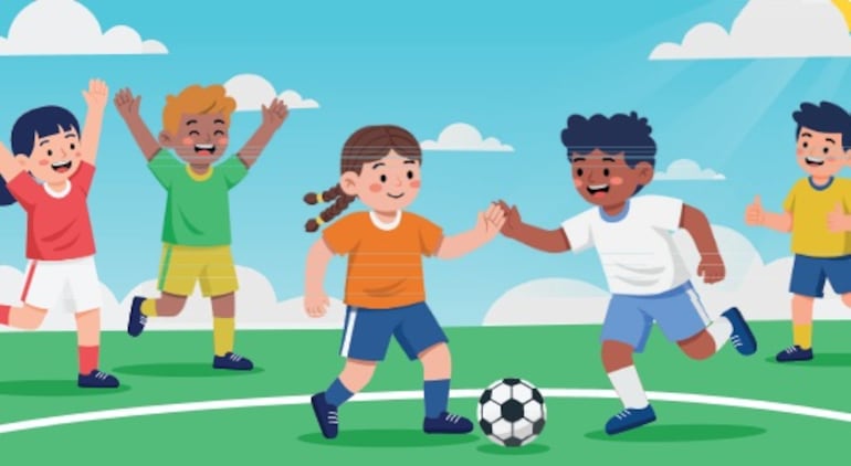 Grupo de amigos jugando al fútbol.