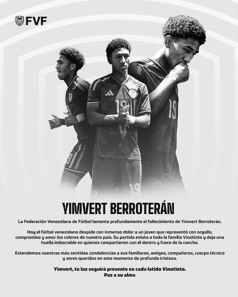 Comunicado de la Federación Venezolana de Fútbol sobre la muerte de Yimvert Berroterán.