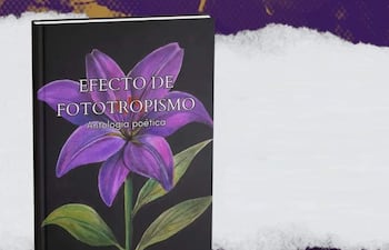 Portada del libro 'Efecto de fototropismo' con flor morada, título destacado y fondo abstracto.