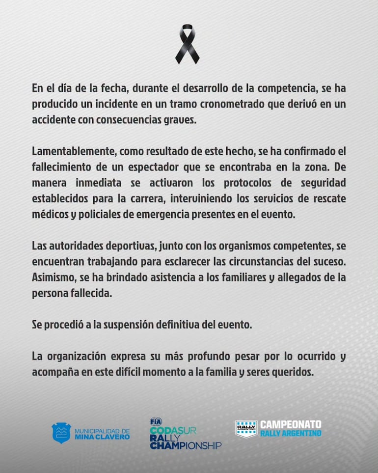 Comunicado oficial emitido por la organización del evento.