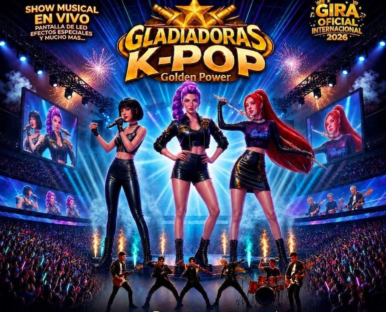 Tres artistas de K-Pop en el escenario, vestidas con trajes coloridos, actuando mientras el público las observa emocionado.