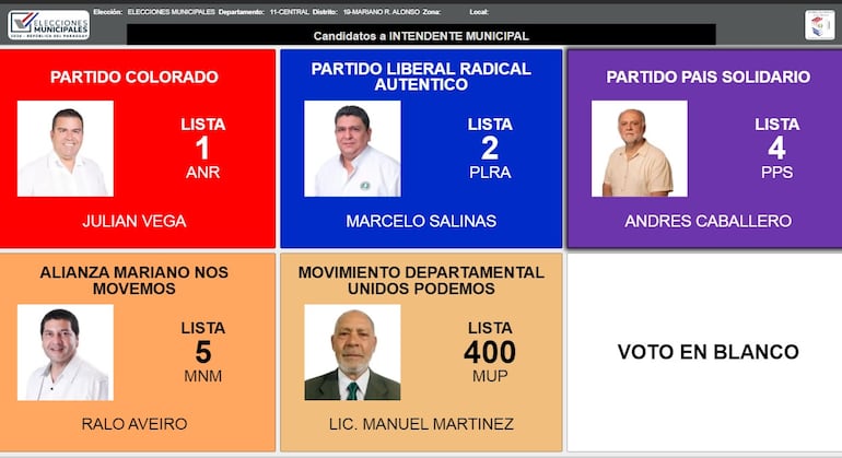Pantalla de votación para intendente de Mariano Roque Alonso.