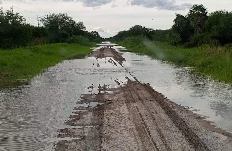 Camino de tierra inundado rodeado de vegetación verde, sin personas presentes y cielo nublado.