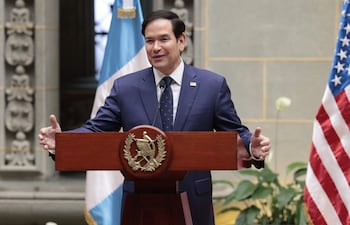 El secretario de Estado de los Estados Unidos, Marco Rubio, en conferencia de prensa en el Palacio Nacional de la Cultura en Ciudad de Guatemala (Guatemala).