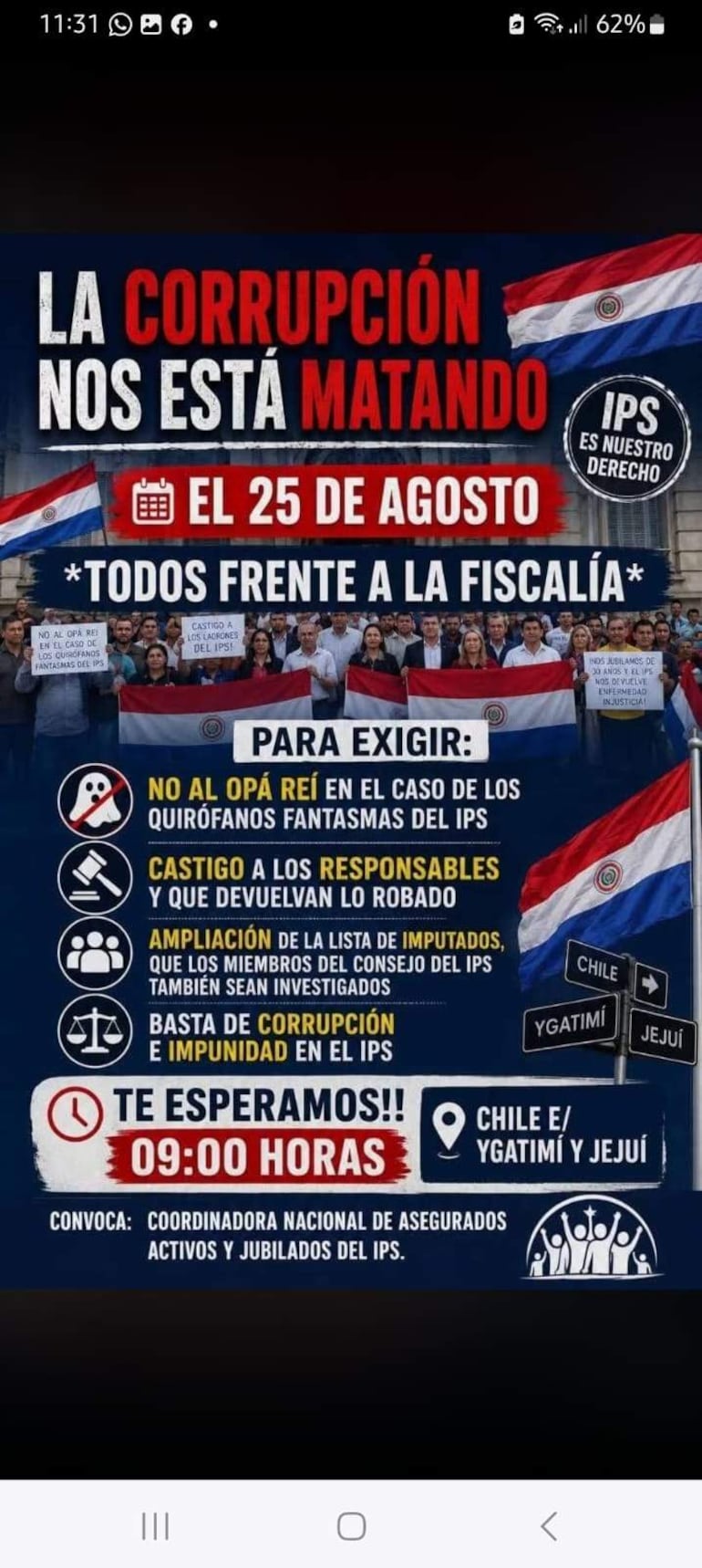 Cartel con el lema 'LA CORRUPCIÓN NOS ESTÁ MATANDO', parte de una convocatoria para manifestarse frente a la Fiscalía.