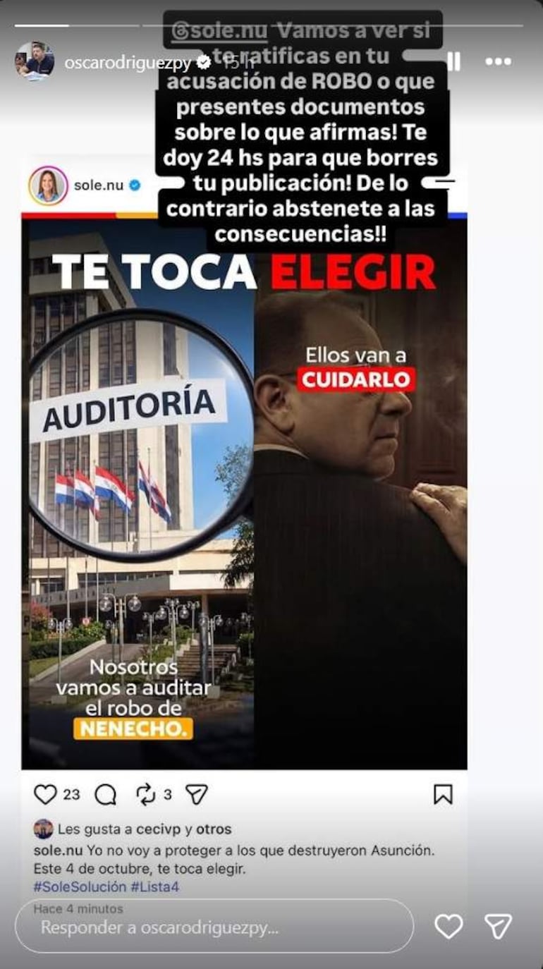 Publicación en redes sociales con texto de aviso de Óscar Rodríguez a Soledad Núñez en fondo de edificio con banderas paraguayas.