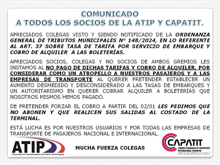 Comunicado de los gremios del transporte del interior e internacionales.