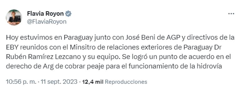 Publicación de Flavia Royon, ministra de Energía de la República Argentina.