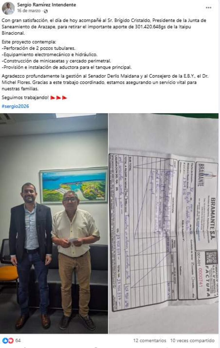 Sergio Ramírez y Brígido Cristaldo el día en que recibieron el aporte de la Itaipú Binacional.