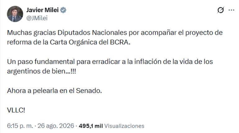 Publicación en la cuenta oficial de X del presidente argentino Javier Milei.