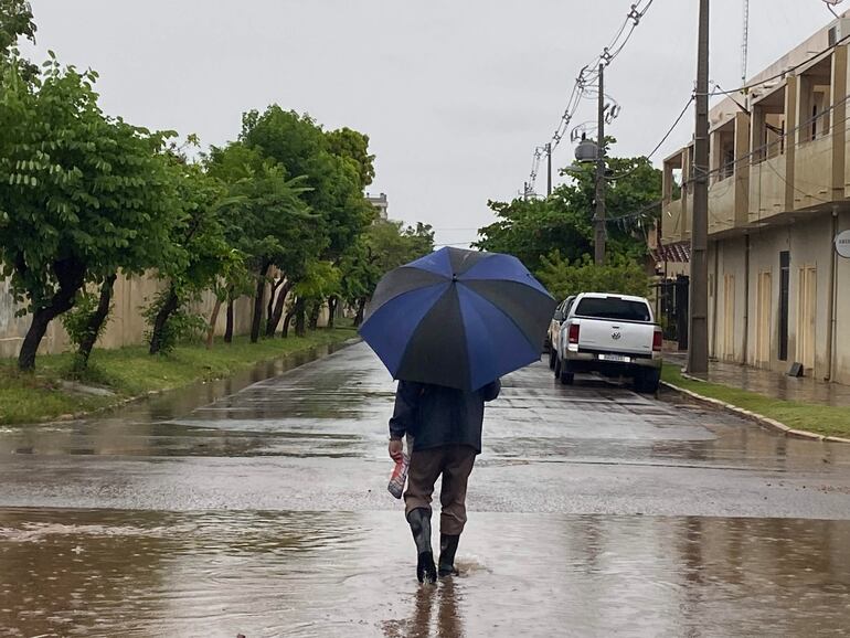 Persona con abrigo oscuro y botas de goma sostiene paraguas negro y azul en calle inundada rodeada de árboles y edificios.