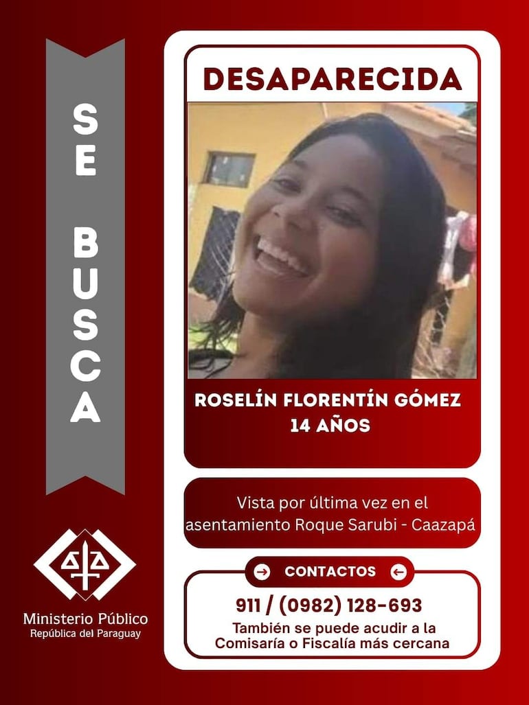 Cartel de búsqueda con rostro sonriente de Roselín Florentín Gómez, fondo rojo y texto sobre su desaparición.