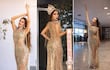 Natasha Reckziegel en vestido de gala, con diadema y banda de Miss Gold Paraguay 2025, muestra gestos de confianza en un entorno moderno.