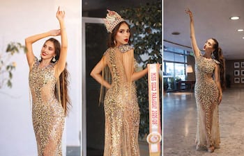 Natasha Reckziegel en vestido de gala, con diadema y banda de Miss Gold Paraguay 2025, muestra gestos de confianza en un entorno moderno.