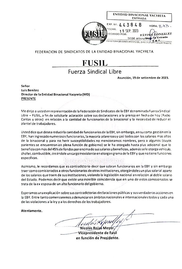 Comunicado de la Federación de Sindicatos de la Entidad Binacional Yacyreta (EBY).