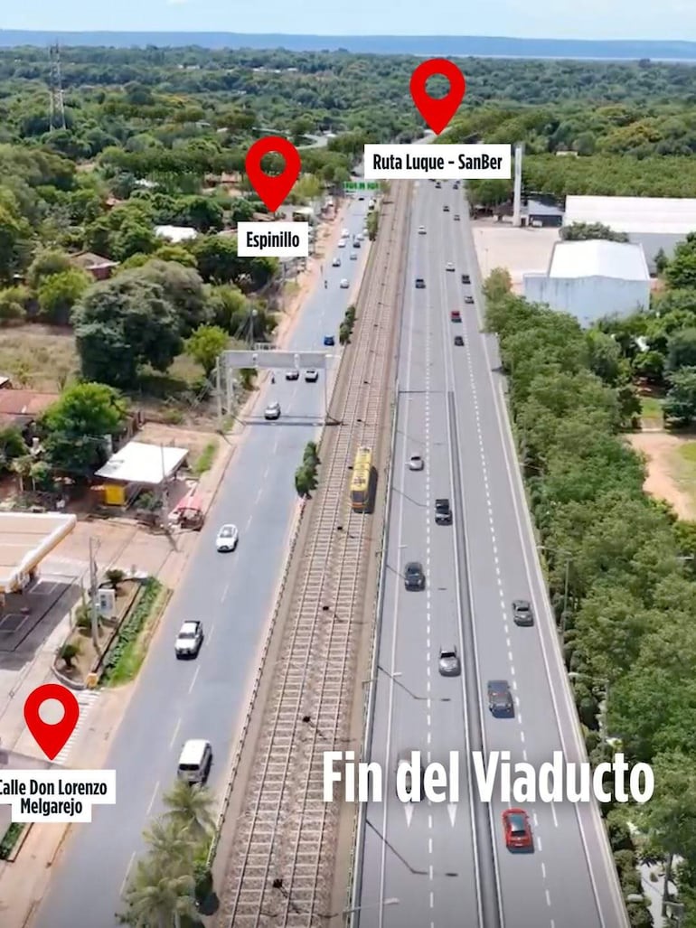 Vista aérea de carretera con intersecciones, árboles y vegetación, marcando puntos críticos del viaducto en Luque.