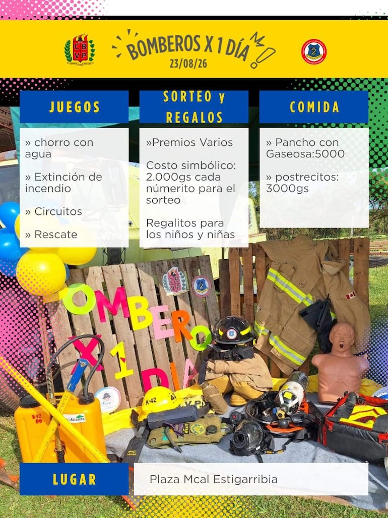 Escenario del evento 'Bomberos x 1 Día', decorado con globos y elementos de bomberos, sin personas visibles.
