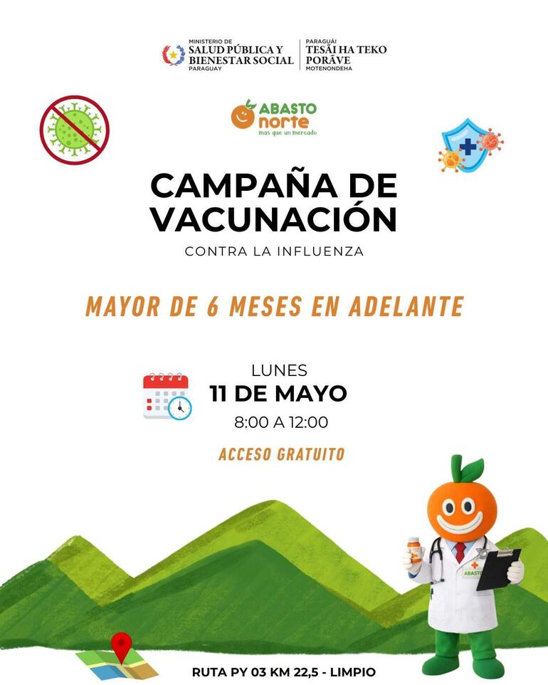 Cartel de campaña de vacunación contra la influenza, con símbolos de salud y un personaje animado de médico.