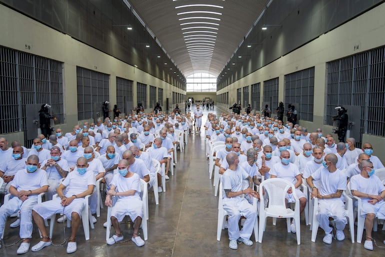 Fotografía cedida por la Fiscalía General de la República (FGR) que muestra a pandilleros de la Mara Salvatrucha (MS13), recluídos en el Centro de Confinamiento del Terrorismo (Cecot), participando en una audiencia en modalidad virtual en Tecoluca (El Salvador). 