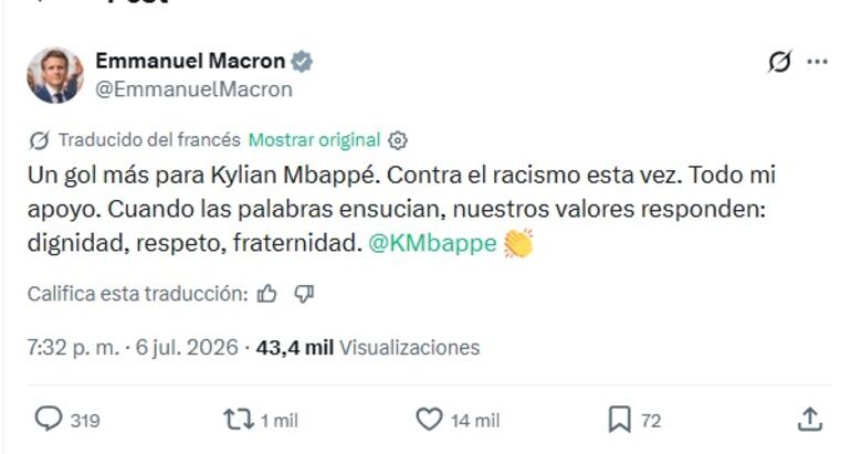 Publicación del presidente de Francia, Emmanual Macron, en apoyo a Kylian Mbappé.