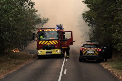 Bomberos trabajan para extinguir un incendio en el bosque de Fontainebleau, en Achères-la-Forêt (Francia)