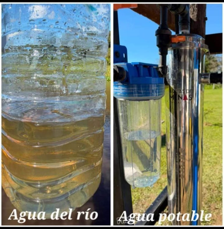 Botella con agua turbia del río y sistema de filtrado de agua potable en instalación al aire libre.