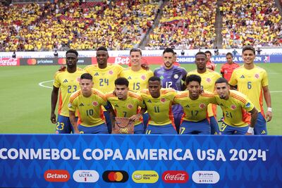 Colombia's players pose for pictures ahead of the Conmebol 2024 Copa America tournament quarter-final football match between Colombia and Panama at State Farm Stadium in Glendale, Arizona, on July 6, 2024. (Photo by Chris CODUTO / AFP)