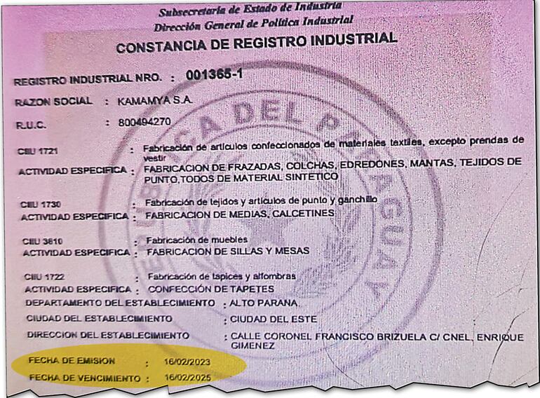 La empresa presentó una constancia de Registro Industrial expedida supuestamente el 16/12/2023. Sin embargo, en el detalle del expediente de la misma empresa aparece que recién se incluyó la fabricación de muebles el 11/12/2024.