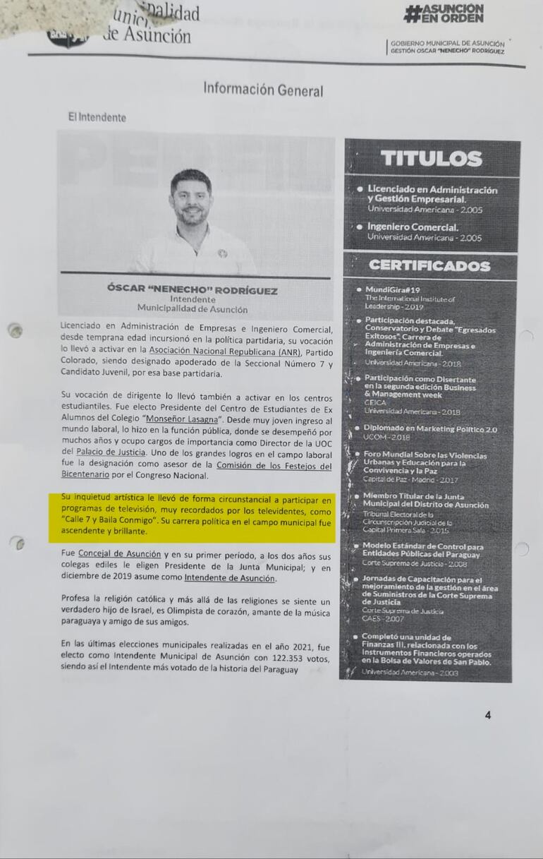 El currículum del intendente Óscar "Nenecho" Rodríguez.