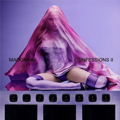 Madonna en su portada de 'Confessions II', vestida con un estilo moderno y colores morados que destacan en la imagen.