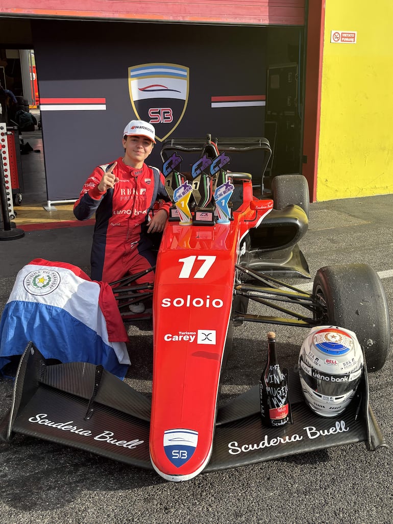 Piloto de carreras sonriente en traje rojo y gorra blanca, con dedos en alto y trofeos detrás, en ambiente festivo.