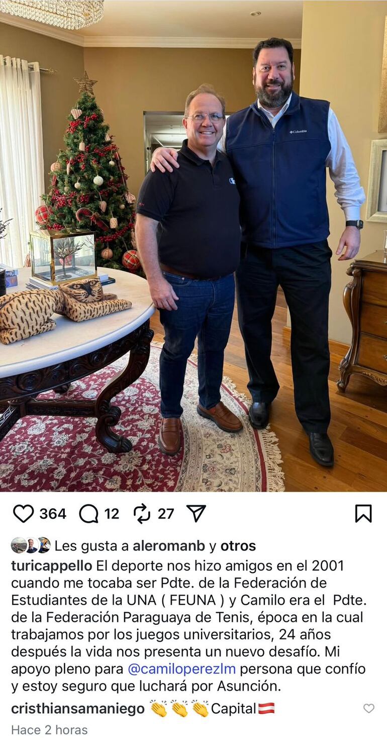 Turi Capello en sus redes, apoyando a Camilo Pérez de cara a las próximas elecciones.