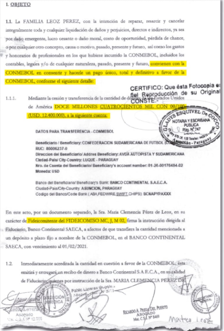 Acuerdo firmado el 31 de agosto de 2020 por la Conmebol sobre la cesión y transferencia de un fideicomiso por US$ 12.400.000.