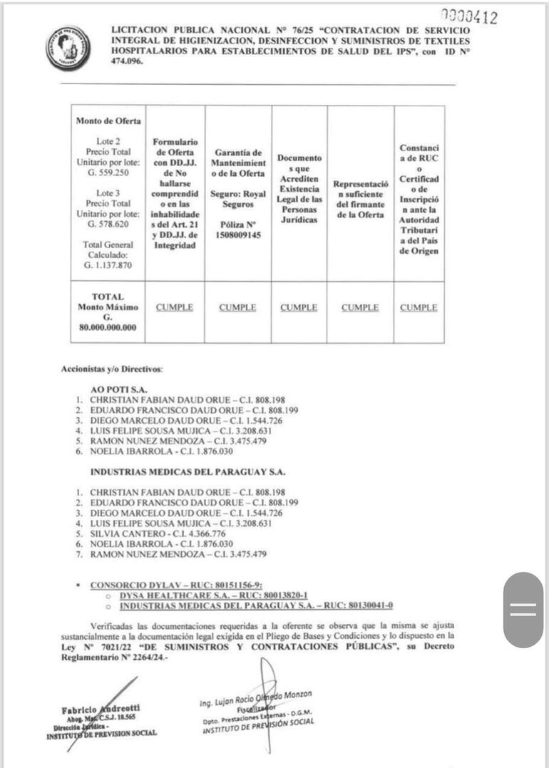 Documentos publicados por Mauricio Esp&iacute;nola, del proceso de adjudicaci&oacute;n para la compra de s&aacute;banas y lavander&iacute;a, para el IPS.