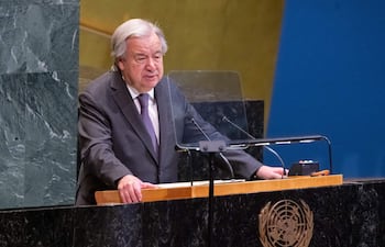 António Guterres, secretario general de la ONU, hablando durante la Undécima Conferencia de Examen de las Partes en el Tratado sobre la No Proliferación de las Armas Nucleares (TNP) hoy, en la sede del organismo internacional en Nueva York (Estados Unidos).