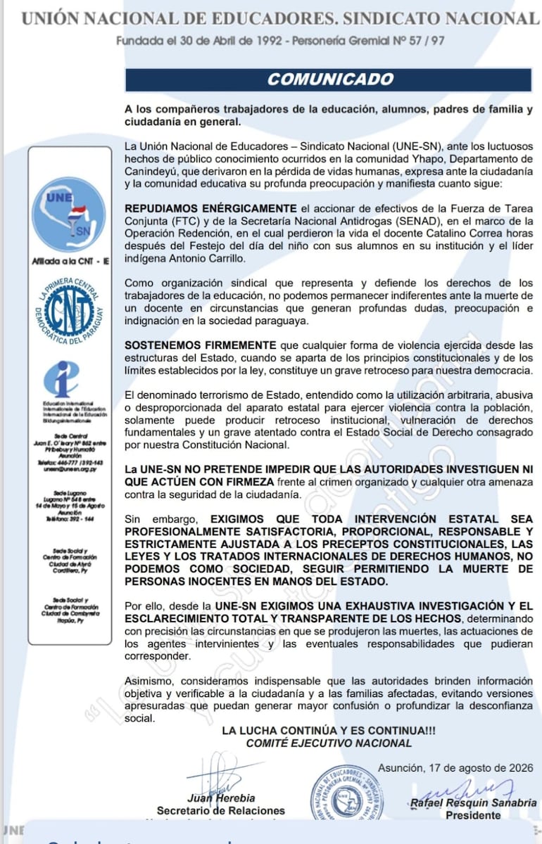 Comunicado de la Unión Nacional de Educadores-Sindicato Nacional (UNE-SN).