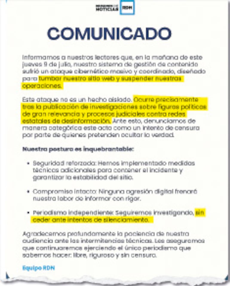 Comunicado del medio Red de Noticias (RDN) del 10 de julio.