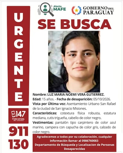 Cartel de búsqueda con foto de Luz María Vera, joven robusta de piel trigueña y cabello negro, vestida con pantalón azul y campera gris.
