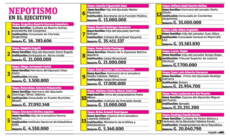 Los casos de nepotismo en el Poder Ejecutivo este primer año de gobierno.
