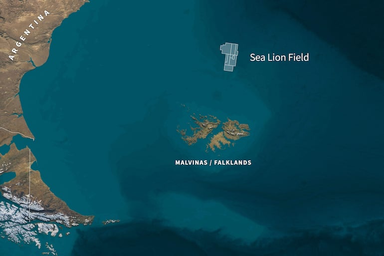 Esta imagen topográfica muestra la ubicación del yacimiento petrolífero Sea Lion frente a las islas Malvinas (Falkland Islands), en el océano Atlántico Sur. El gobierno argentino anunció el 8 de septiembre de 2026 que emprendería acciones legales contra empresas vinculadas a un proyecto petrolero israelí-británico cerca de las islas Malvinas, en un momento en que Buenos Aires intensifica su reclamación sobre el territorio. 