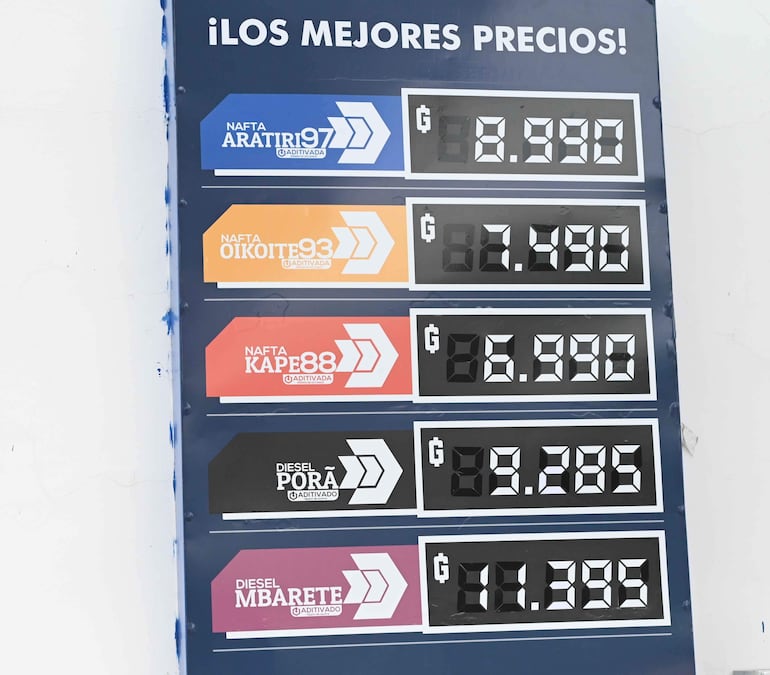 Cartel de precios de combustibles con texto destacado y precios de nafta y diésel en un garage.