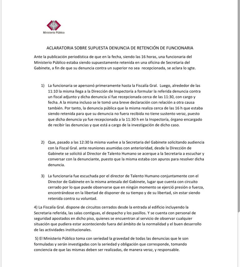 Comunicado de la Fiscalía sobre supuesto incidente en la sede del Ministerio Público.