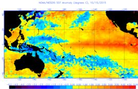El mayor evento del siglo XXI de El Niño fue el de 2015-16. Carta de las temperaturas anómalas de la superficie oceánica en octubre de 2015.