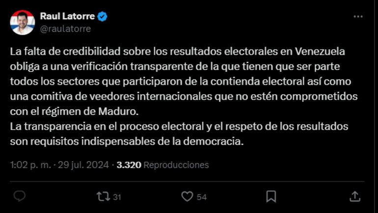 Raúl Latorre sobre elecciones en Venezuela.